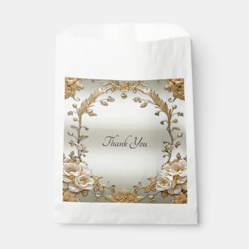 Golden Ornate White Flowers Favor Bag