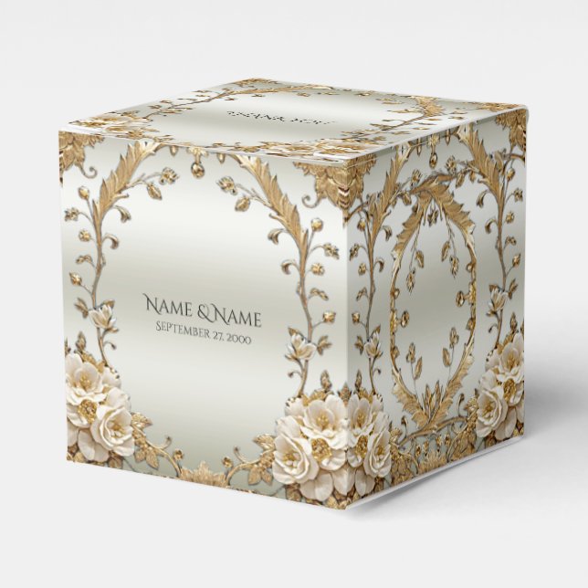 Golden Ornate White Flowers Favor Box (Front Side)