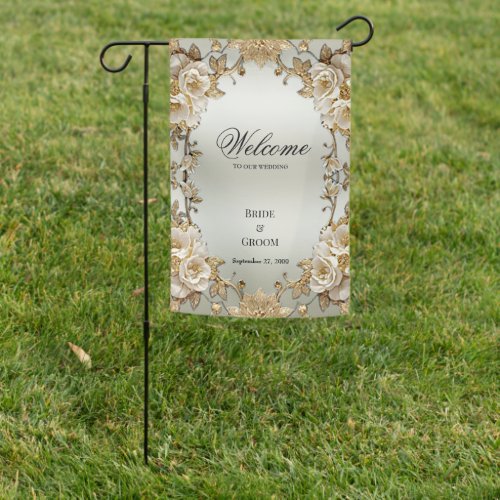 Golden Ornate White Flowers Garden Flag