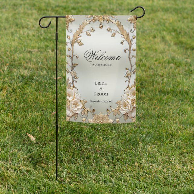 Golden Ornate White Flowers Garden Flag (In SItu)