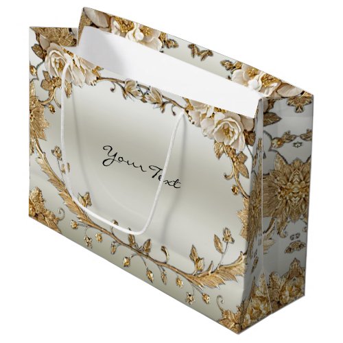 Golden Ornate White Flowers Gift Bag