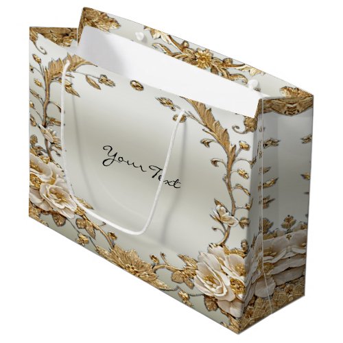 Golden Ornate White Flowers Gift Bag