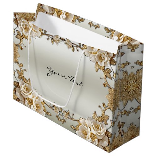 Golden Ornate White Flowers Gift Bag