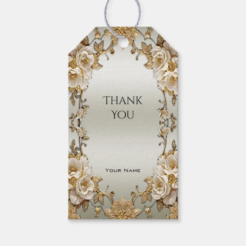 Golden Ornate White Flowers Gift Tag