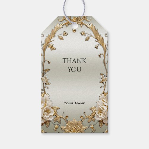 Golden Ornate White Flowers Gift Tag