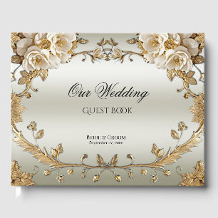 Golden Ornate White Flowers Guest Book
