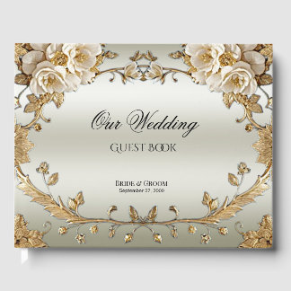 Golden Ornate White Flowers Guest Book