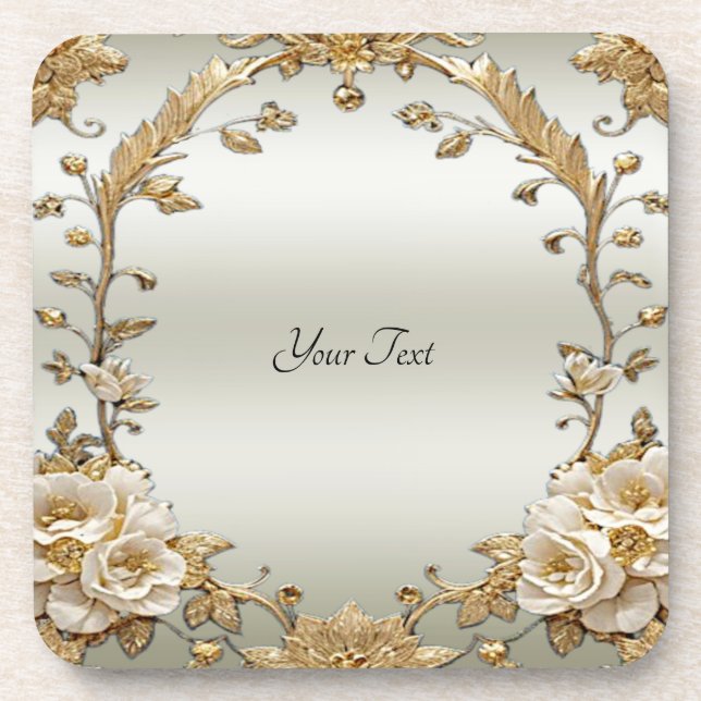 Golden Ornate White Flowers Hard Plastic Coaster (Front)