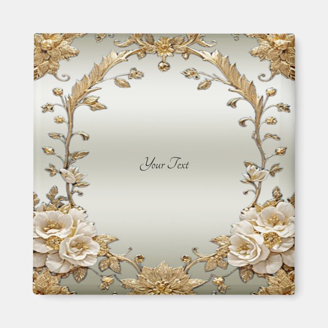 Golden Ornate White Flowers Magnet (Front)