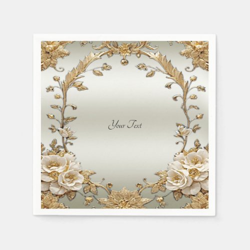 Golden Ornate White Flowers Napkins