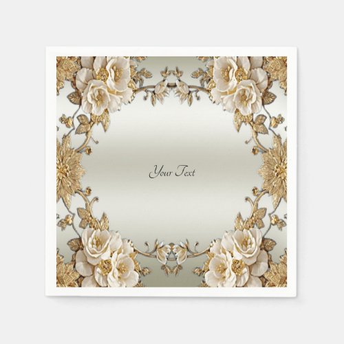 Golden Ornate White Flowers Napkins