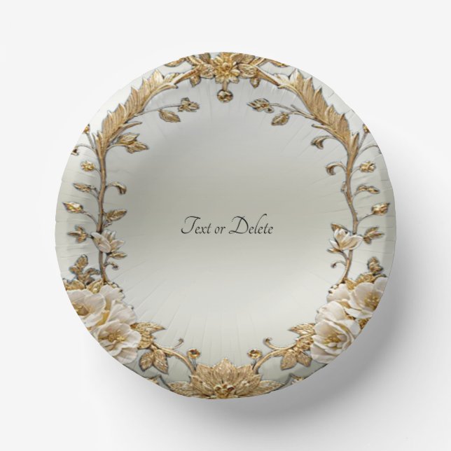 Golden Ornate White Flowers Paper Bowls (Front)