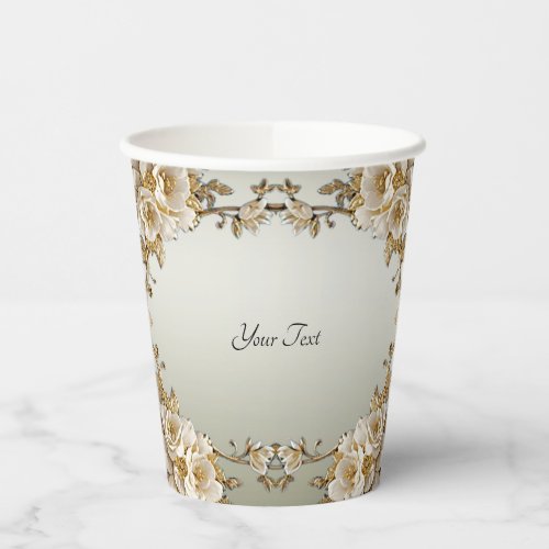 Golden Ornate White Flowers Paper cup