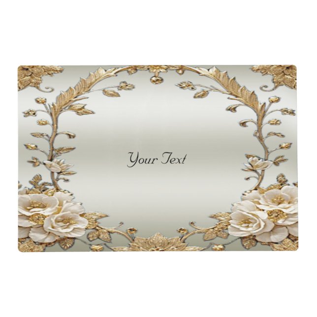 Golden Ornate White Flowers Paper Placemat (Front)