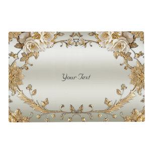 Golden Ornate White Flowers Paper Placemat