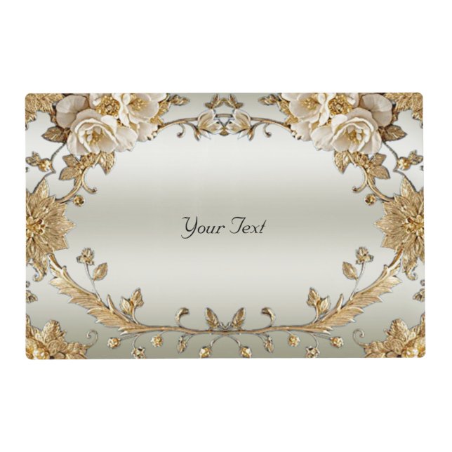 Golden Ornate White Flowers Paper Placemat (Front)