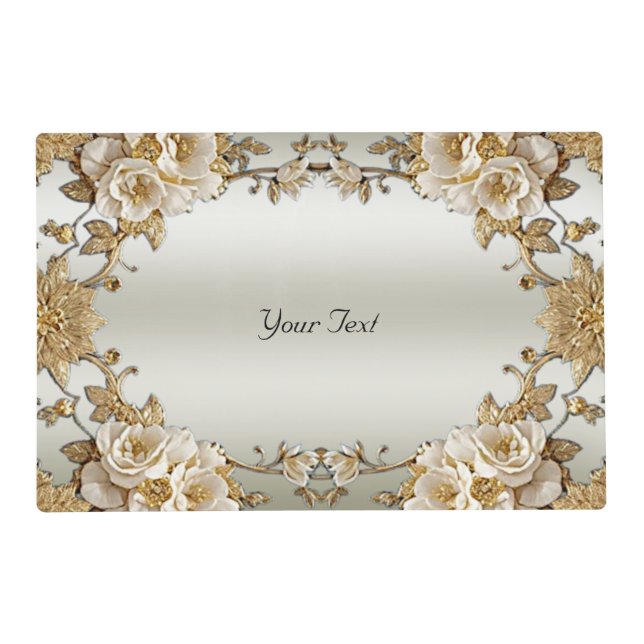 Golden Ornate White Flowers Paper Placemat (Front)