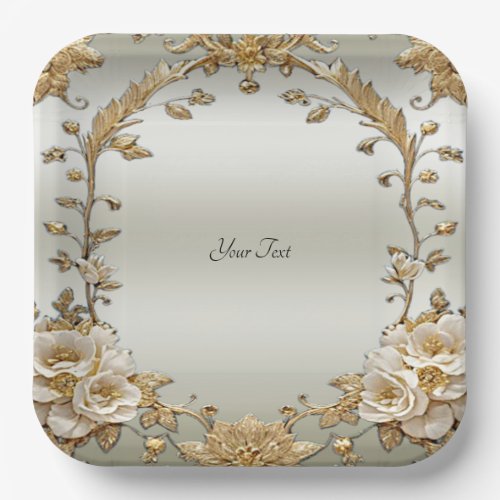 Golden Ornate White Flowers Paper Plate