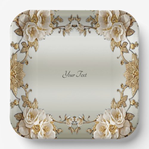 Golden Ornate White Flowers Paper Plate