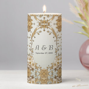 Golden Ornate White Flowers Pillar Candle