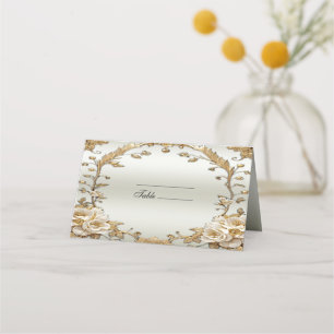 Golden Ornate White Flowers Place Card