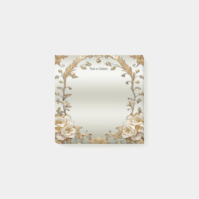 Golden Ornate White Flowers Post it Notes (Front)