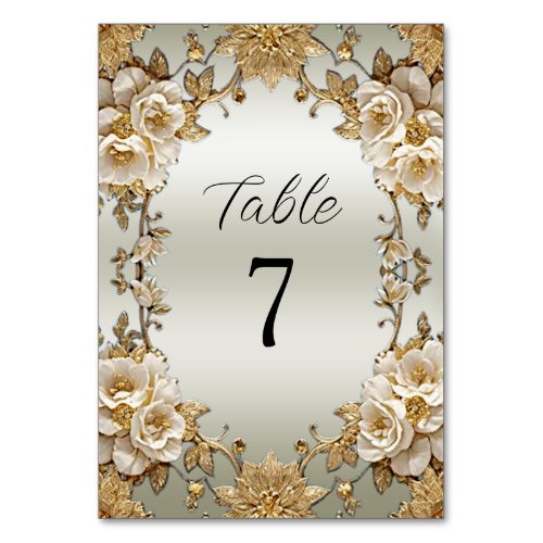 Golden Ornate White Flowers Table Number