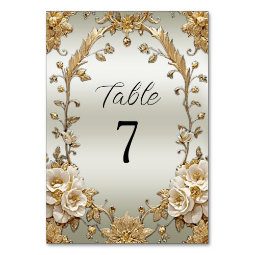 Golden Ornate White Flowers Table Number