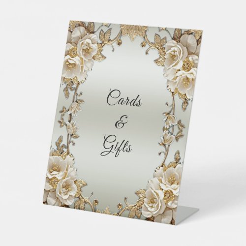 Golden Ornate White Flowers Tabletop Signs