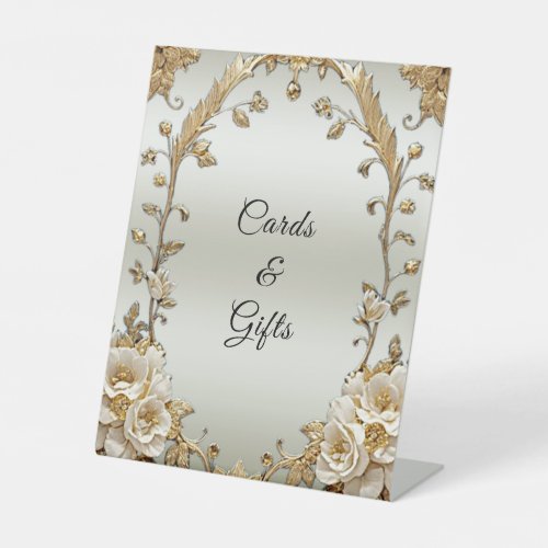 Golden Ornate White Flowers Tabletop Signs