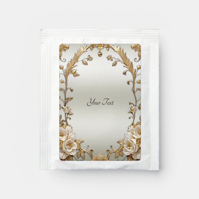 Golden Ornate White Flowers Tea Bag Drink Mix (Front)