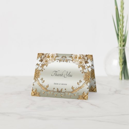 Golden Ornate White Flowers Thank You Card