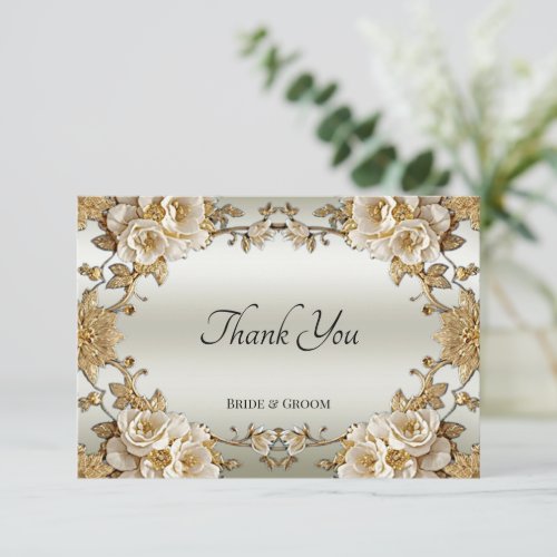 Golden Ornate White Flowers Thank You Card