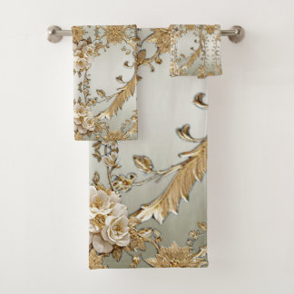 Golden Ornate White Flowers Towel Set