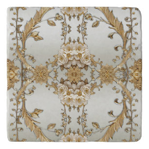 Golden Ornate White Flowers Trivet