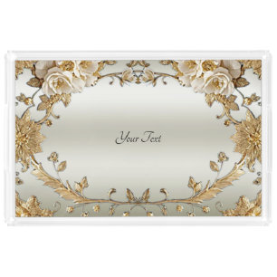 Golden Ornate White Flowers Vanity Tray