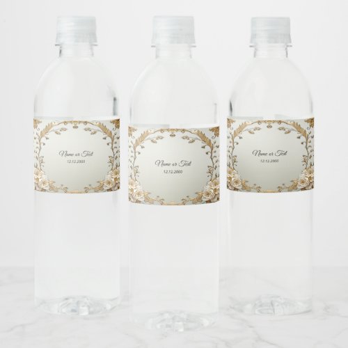 Golden Ornate White Flowers Water Bottle Label