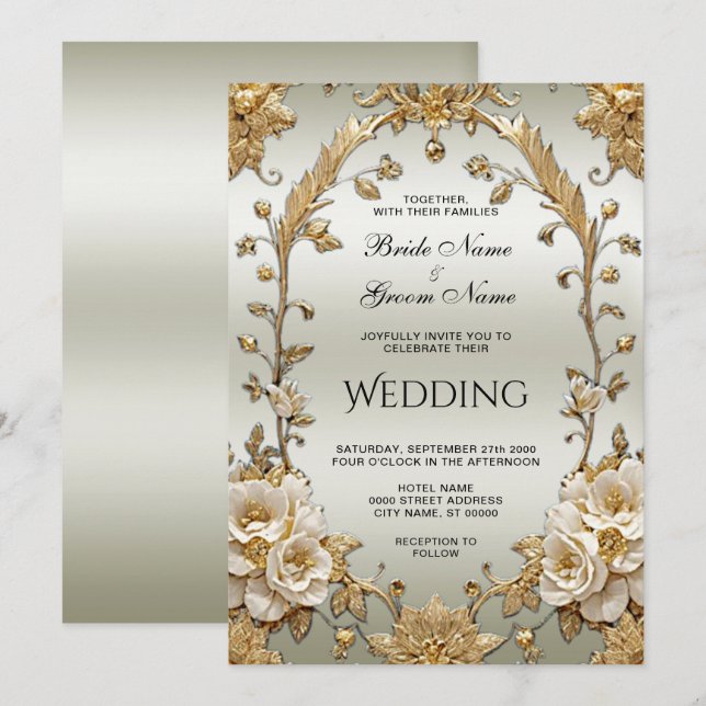 Golden Ornate White Flowers Wedding Invitation (Front/Back)