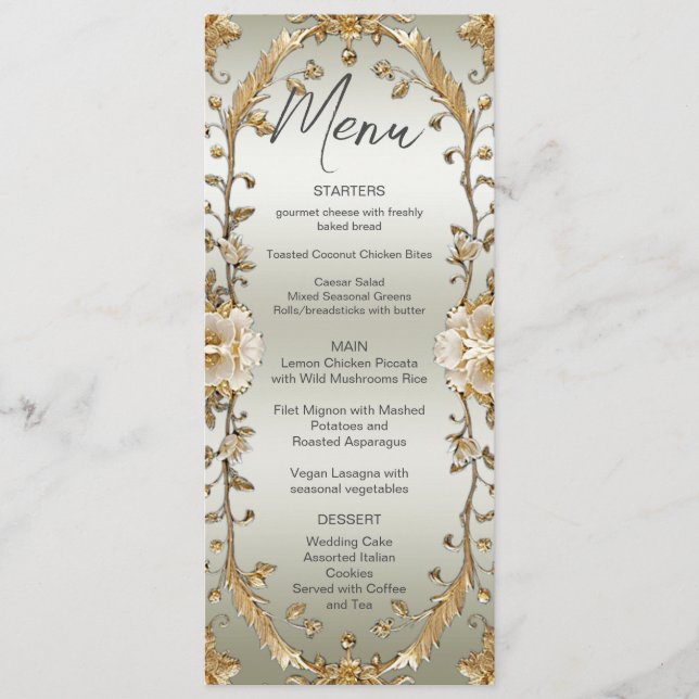 Golden Ornate White Flowers Wedding Menu (Front)