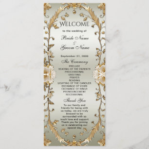 Golden Ornate White Flowers Wedding Program