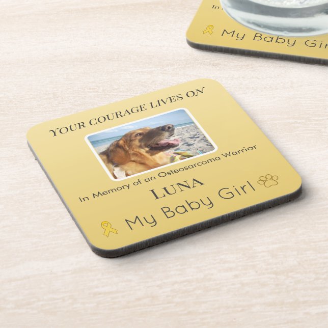 Golden Osteosarcoma Pet Memory Tribute Beverage Coaster (Left Side)