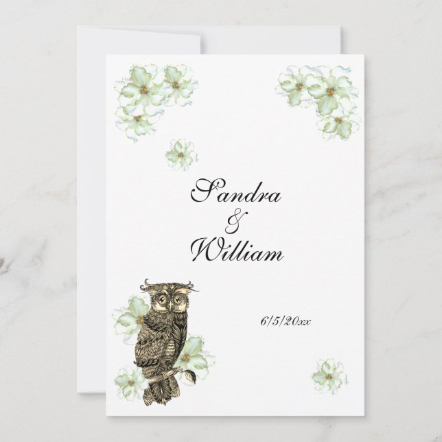  Golden Owl and Green Flowers Wedding Invitation (Back)