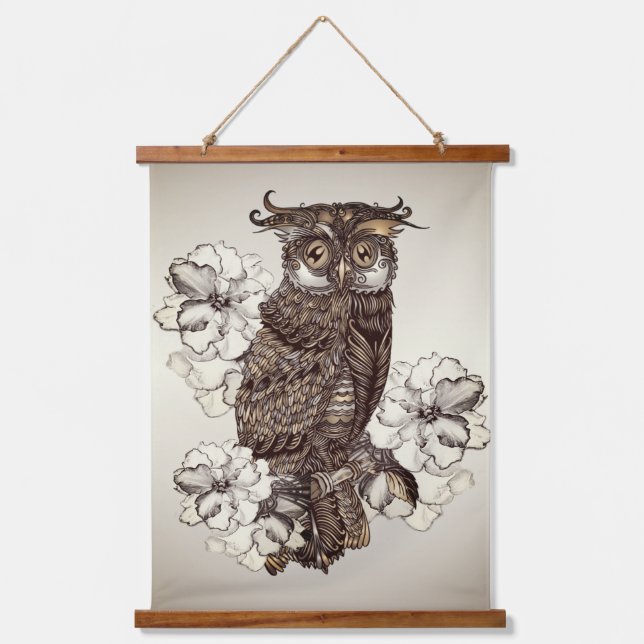 Golden Owl Cream Flowers Hanging Tapestry (Front)