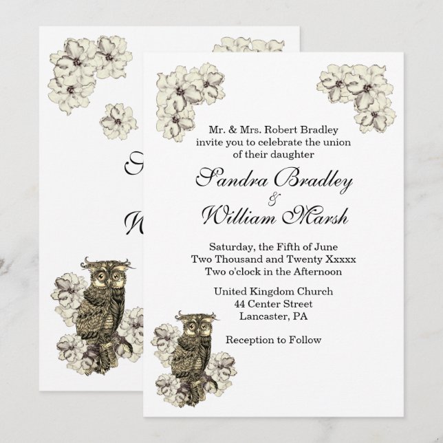 Golden Owl Cream Flowers Invitation (Front/Back)