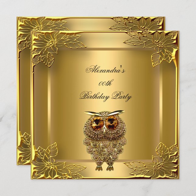 Golden Owl Elite Elegant Gold Birthday Party Invitation (Front/Back)