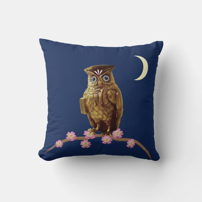 Golden Owl, Flowers and Crescent Moon on Navy Blue Throw Pillow (Front)