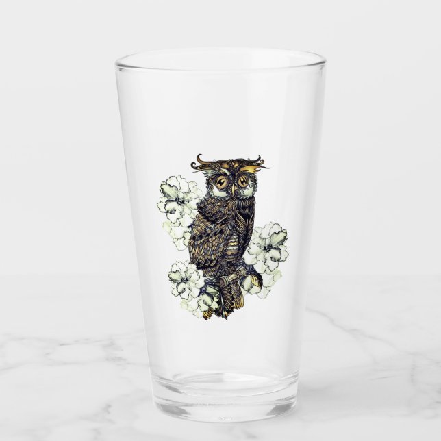 Golden Owl Green Orchids Glass (Front)