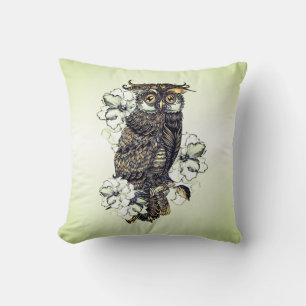 Golden Owl Green Orchids Throw Pillow