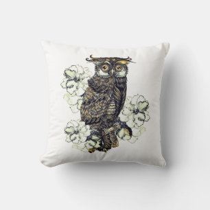Golden Owl Green Orchids Throw Pillow