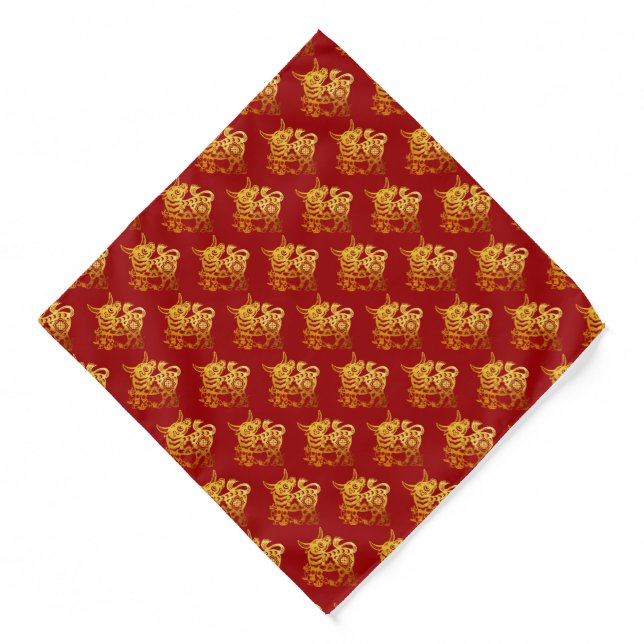 Golden Ox Papercut Chinese New Year Red Bandana (Front)